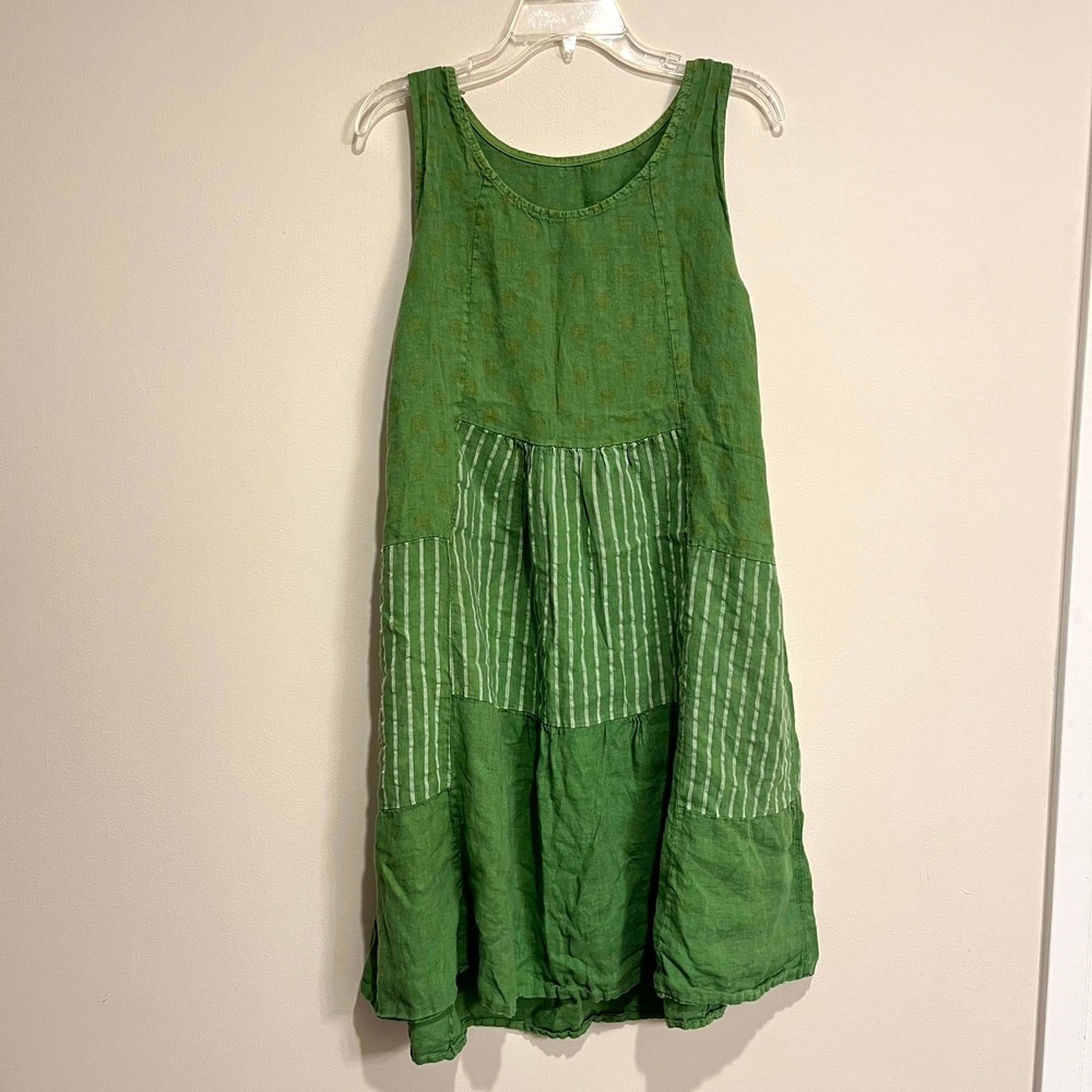 Unbranded Linen Patchwork Dress Green Polka Dot Stripe Boho Womens L